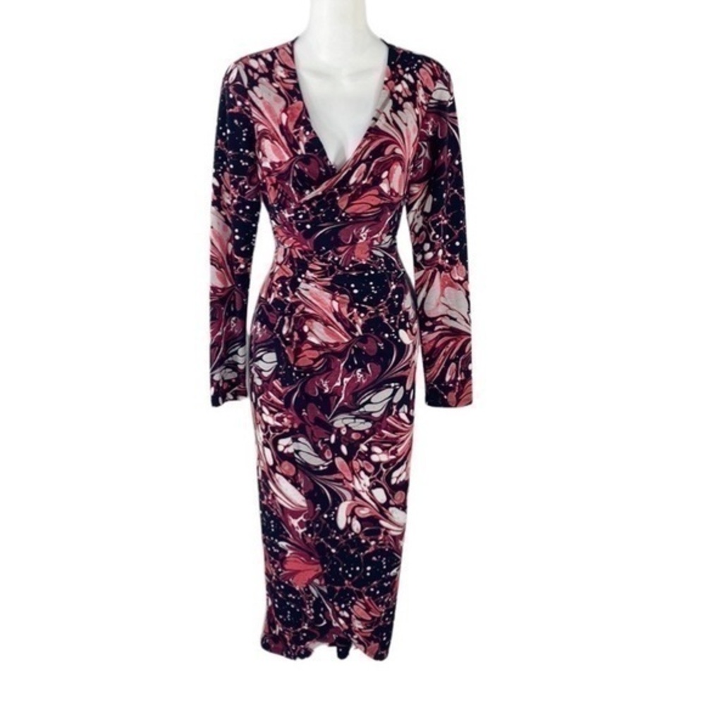 Adrianna Papell Pink Black Oil Slick Print Faux Wrap Mesh Dress AD18